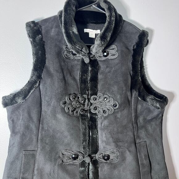 Coldwater Creek Faux Suede Faux Fur Vest L Gray Toggle Closure Winter Boho - Picture 8 of 12